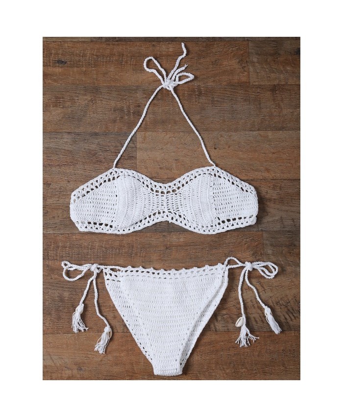 Sexy Halter Solid Color Crochet Bikini Set Women White (Fit Size Xs To M) 