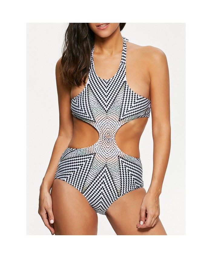 Stylish Zig Zag Halterneck One-Piece Swimsuit Women White And Black M 