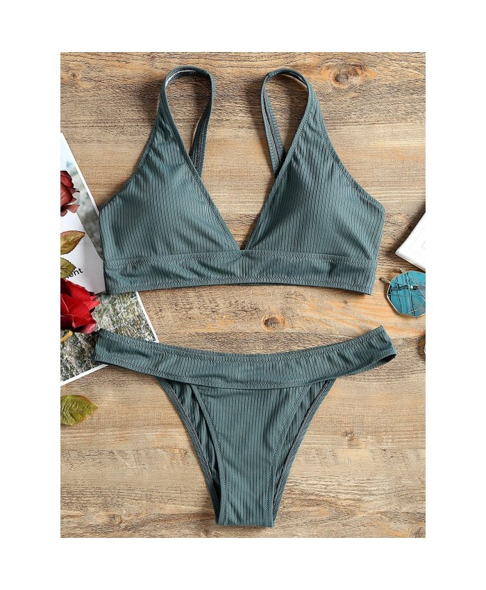 Padded Ribbed Bikini Set Green Xl Women