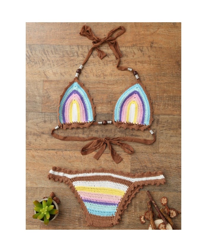 Trendy Halter Sleeveless Knitted Colored Bikini Set Women (Fit Size Xs To M) 