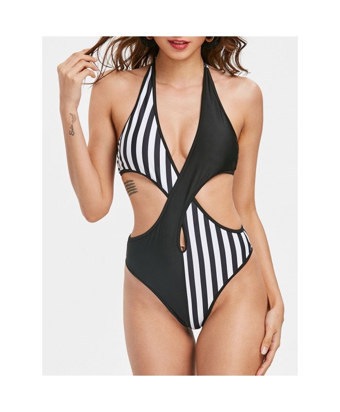 Halter Color Block Monokini Swimwear Black M Women