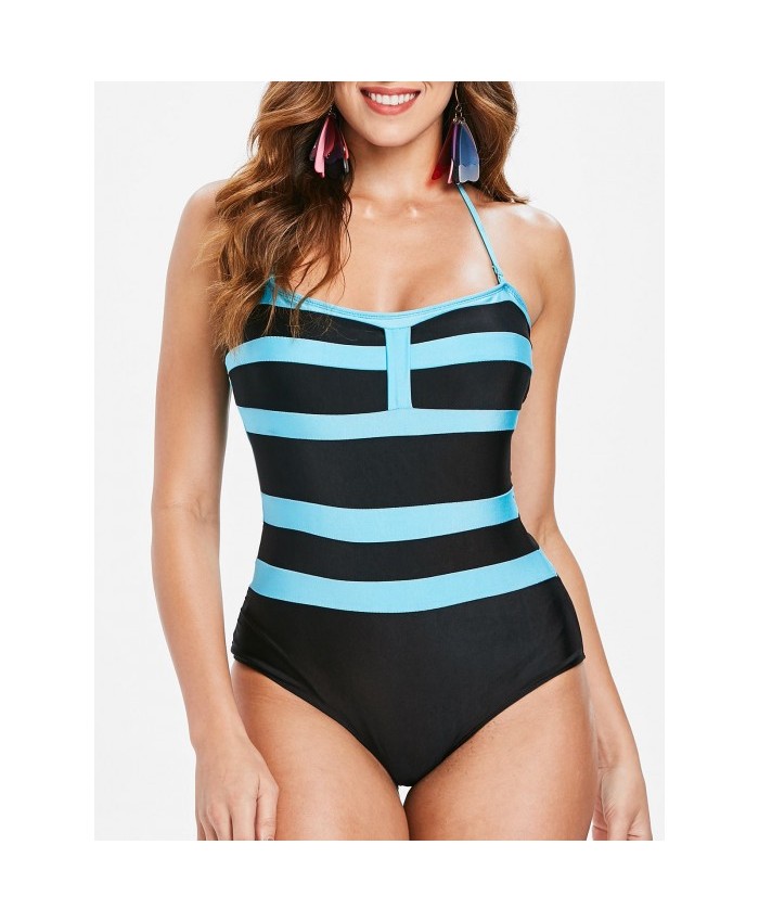 Sexy Sleeveless Halter Color Block One-Piece Swimwear Women Black L 