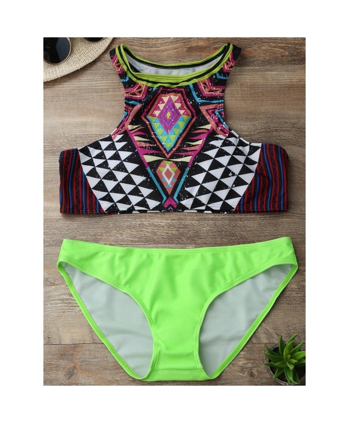 High Neck Geometric Print Two-Piece Swimsuit Green L Women
