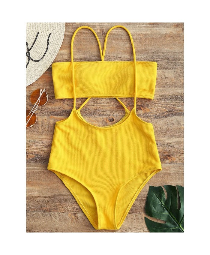 Strapless Top And High Rise Cami Swim Bottoms Yellow M Women