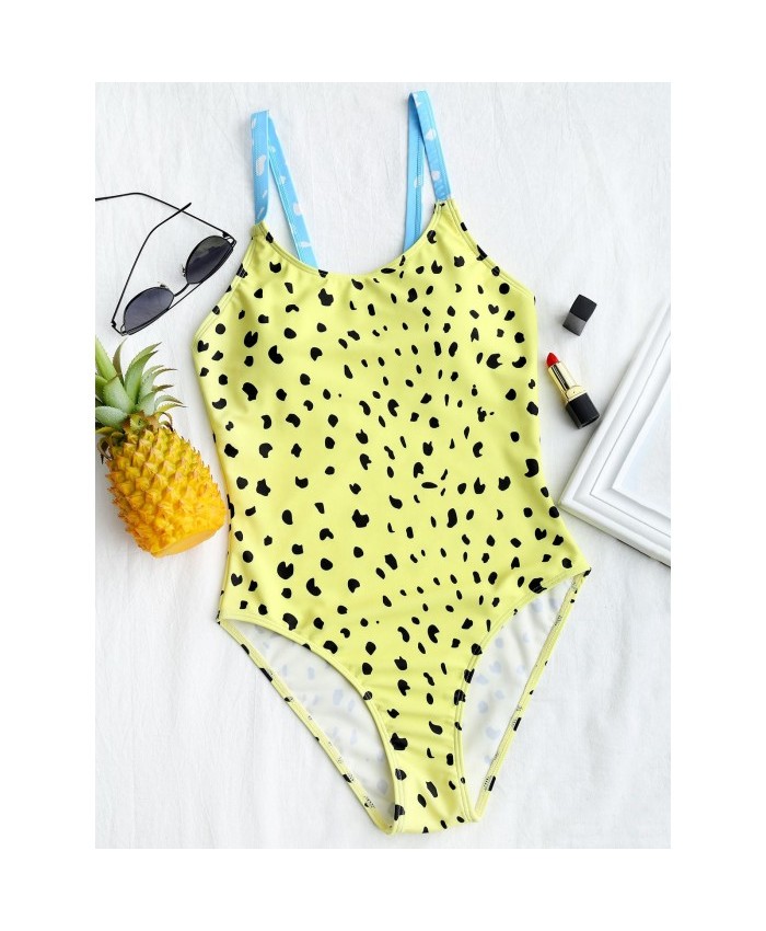 Dot Pattern One Piece Swimsuit Yellow S Women