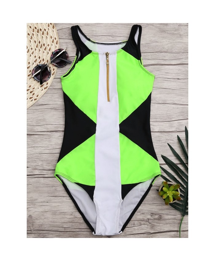 Color Block High Neck One Piece Swimwear Black And Green M Women