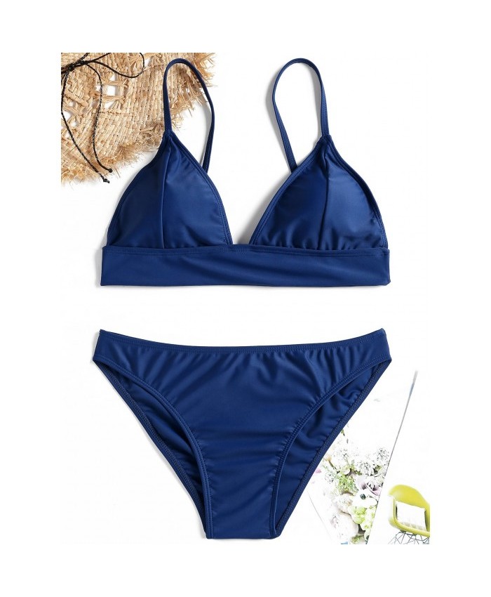Padded Cami Strap Bikini Swimwear Deep Blue M Women