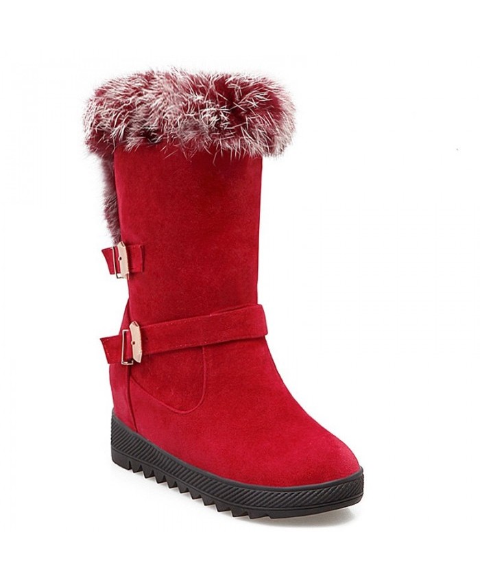 Faux Fur Buckles Hidden Wedge Snow Boots Red Women