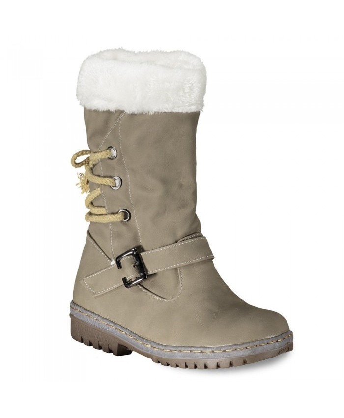 Tie Up Buckle Strap Mid Calf Boots Khaki Women