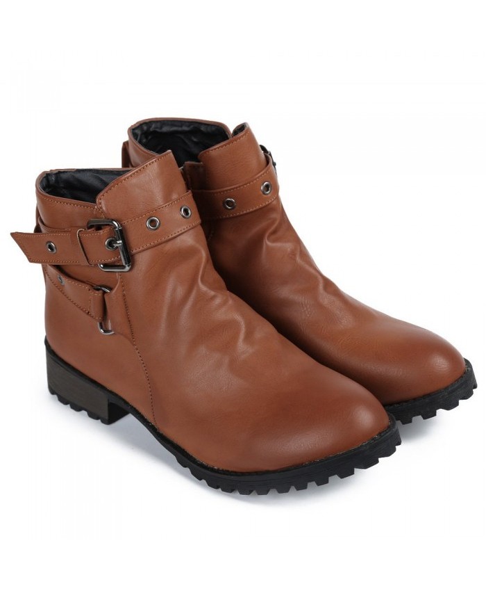 Fashionable Women's Ankle Boots With Cross Straps And Zipper Design Brown 