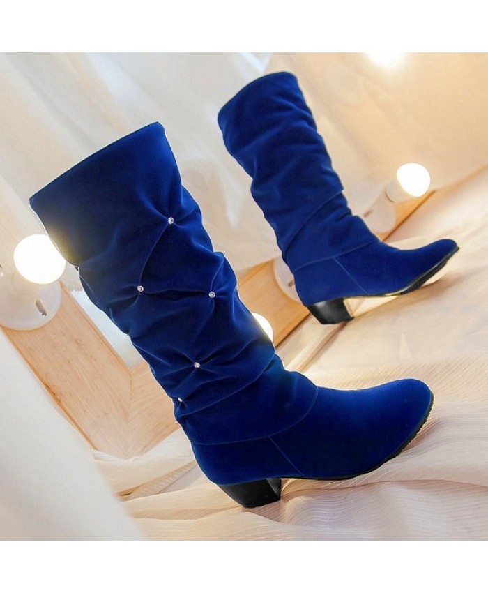 Stylish Women's Mid-Calf Boots With Ruched And Rhinestone Design Blue 