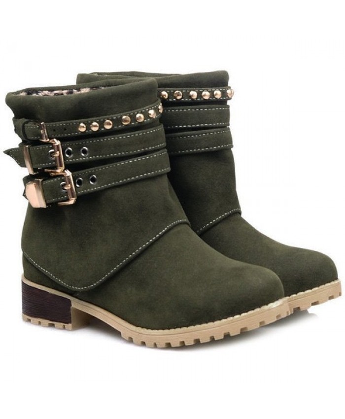 Metal Buckle Suede Slip On Ankle Boots Green Women