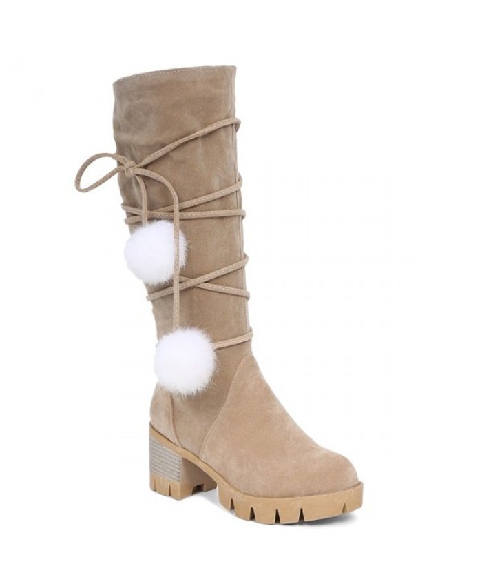 Pompon Tie Up Platform Boots Apricot Women