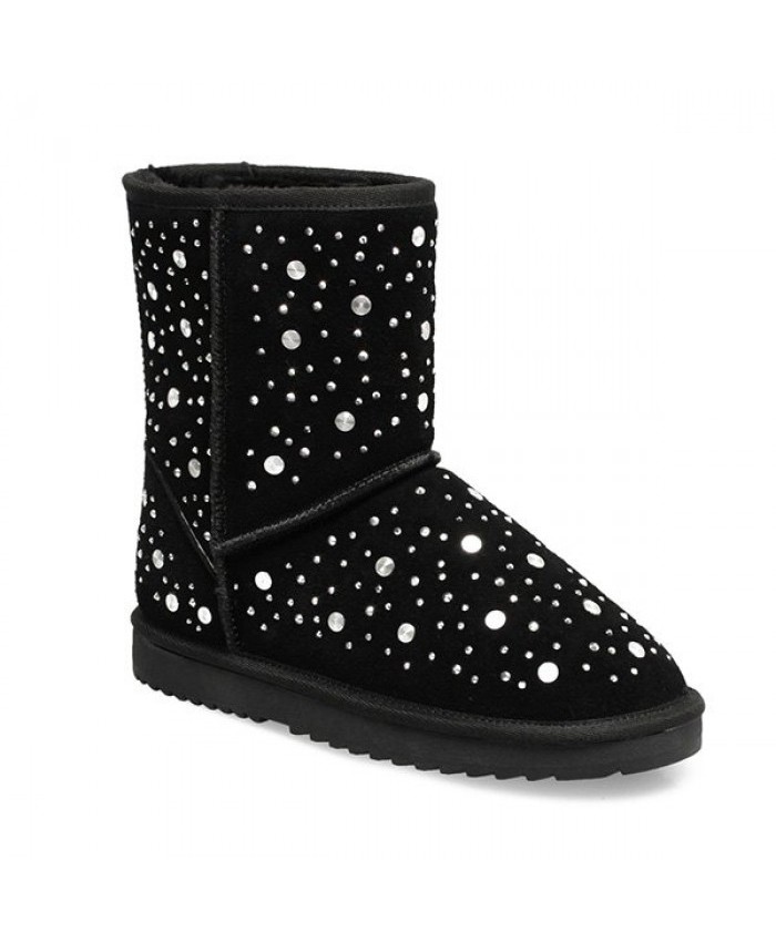 Rhinestones Suede Rivets Snow Boots Black Women