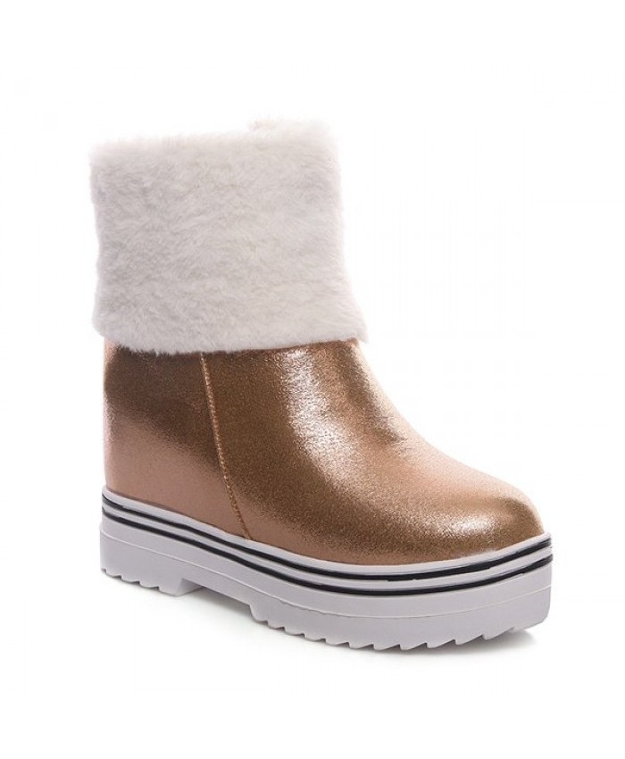 Pu Leather Hidden Wedge Snow Boots Golden Women