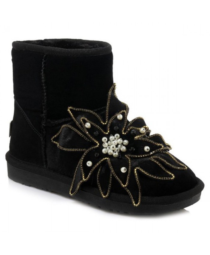 Beaded Flower Ankle Snow Boots Black Women