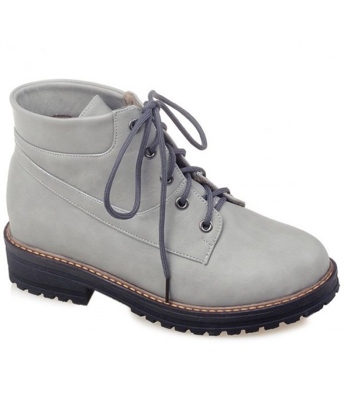 Preppy Lace-Up Pu Leather Ankle Boots Gray Women