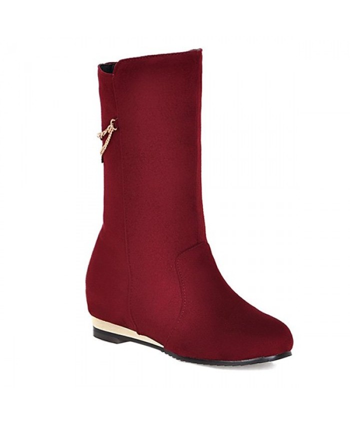 Chains Embellished Slip On Increased Internal Suede Mid Calf Boots Red Women