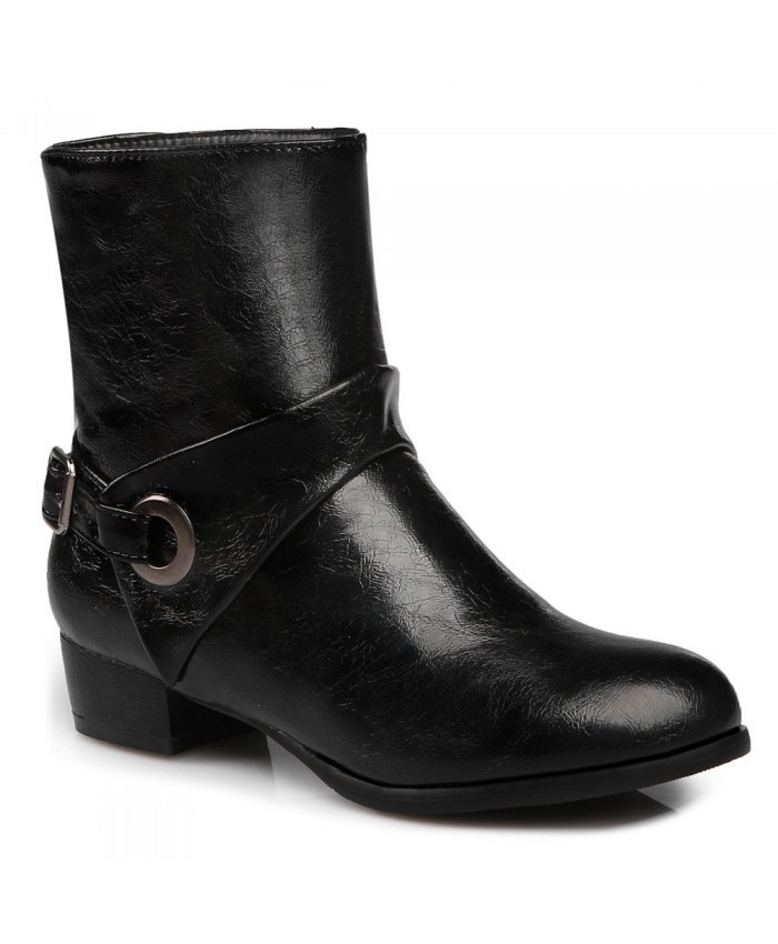 Pu Leather Buckle Strap Short Boots Black Women