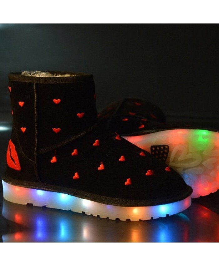 Heart Lip Embroidered Led Luminous Snow Boots Black Women