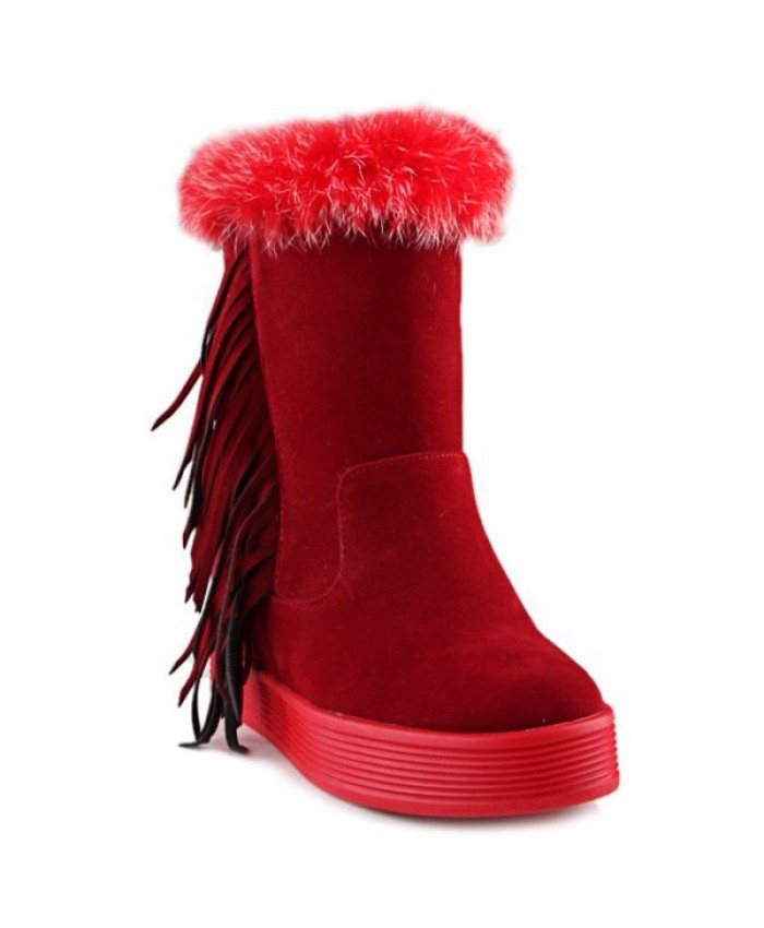 Faux Fur Platform Fringe Boots Red Women