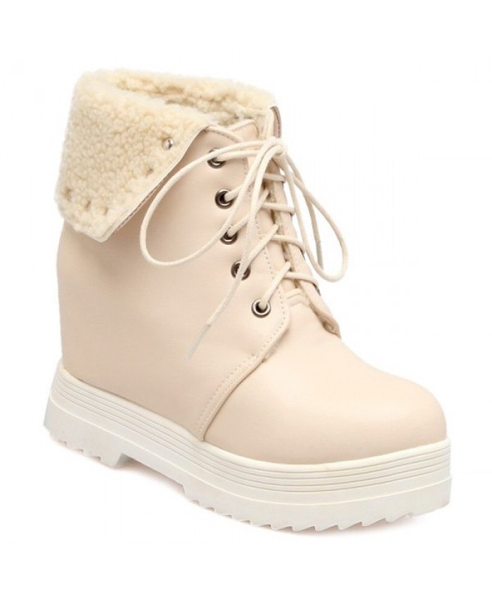 Faux Shearling Lace-Up Hidden Wedge Boots Nude Women