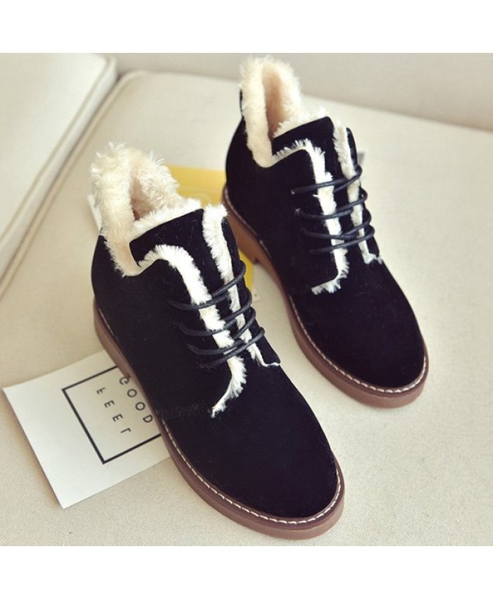 Flat Heel Lace-Up Flock Snow Boots Black Women