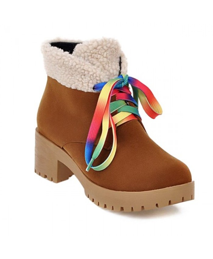 Color Block Tie Up Splicing Ankle Boots Brown Women