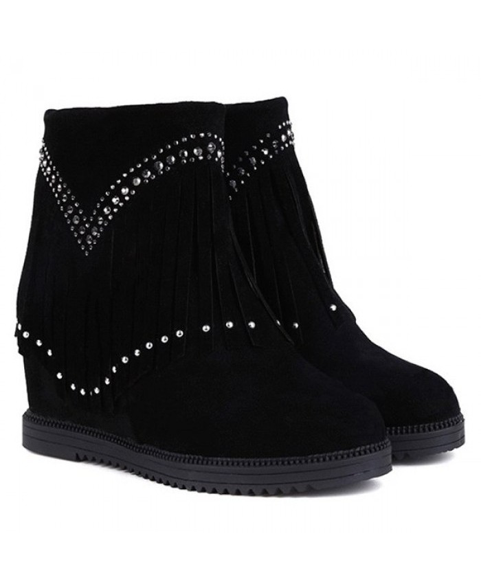 Hidden Wedge Rhinestones Fringe Ankle Boots Black Women