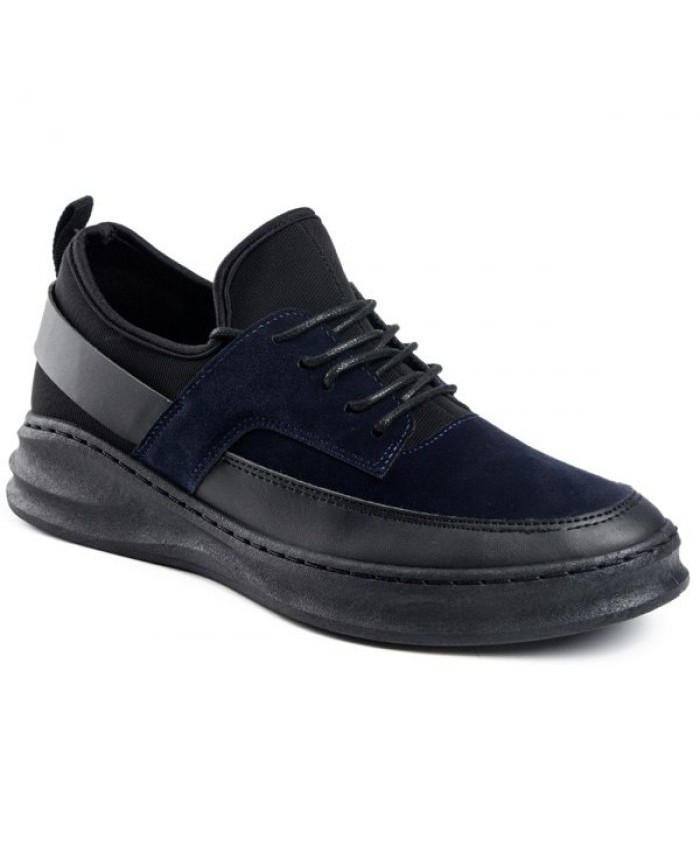 Tie Up Stretch Fabric Casual Shoes Deep Blue Men