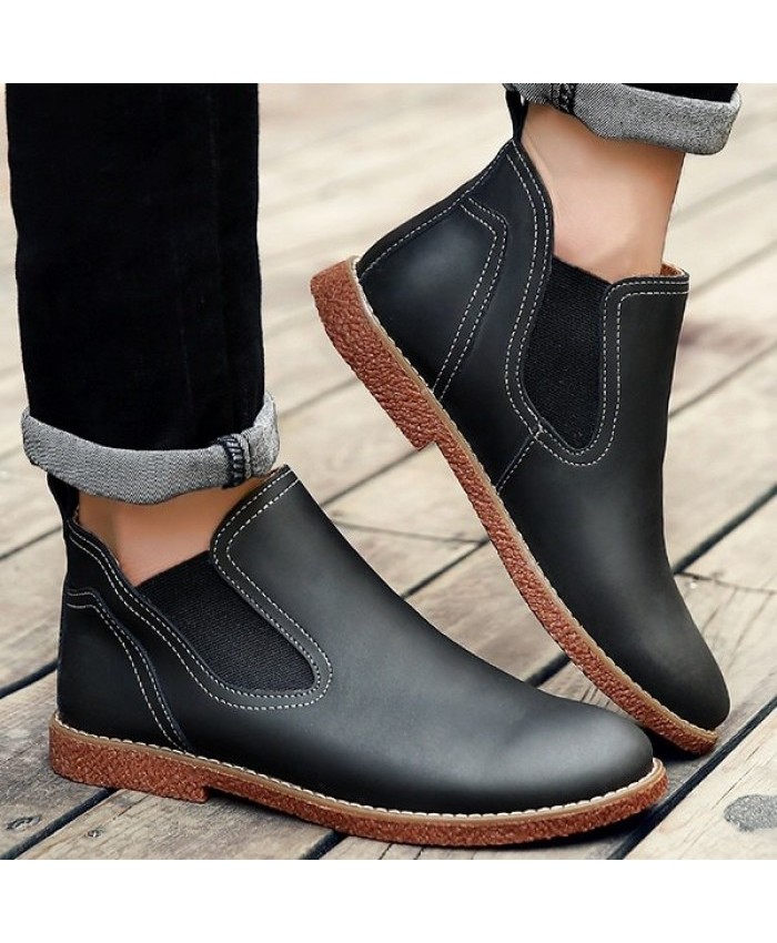 Stitching Pu Leather Slip-On Ankle Boots Black Men