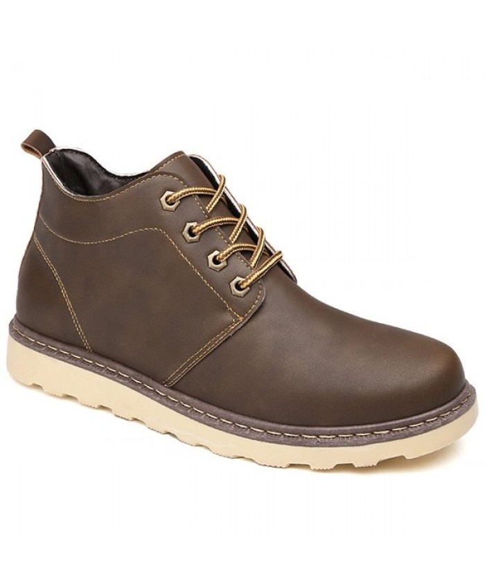 Eyelet Lace-Up Pu Leather Short Boots Brown Men