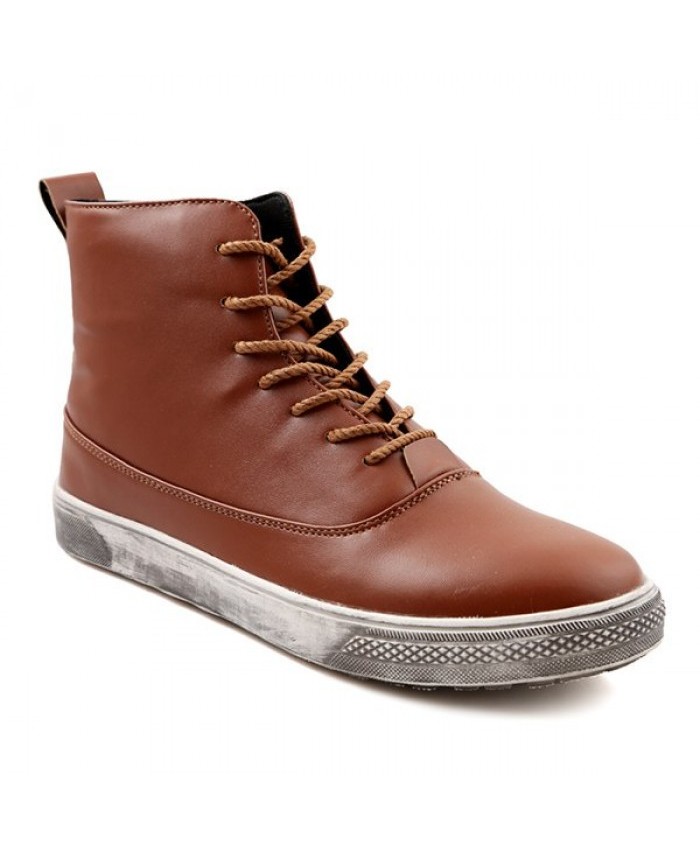 Lace-Up Pu Leather Boots Brown Men