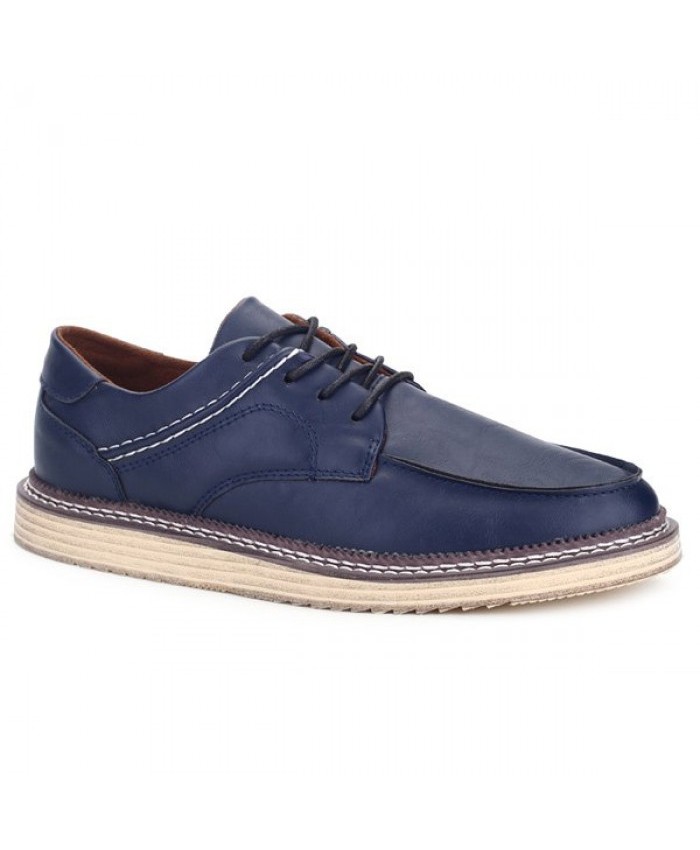 Tie Up Faux Leather Stitching Casual Shoes Deep Blue Men