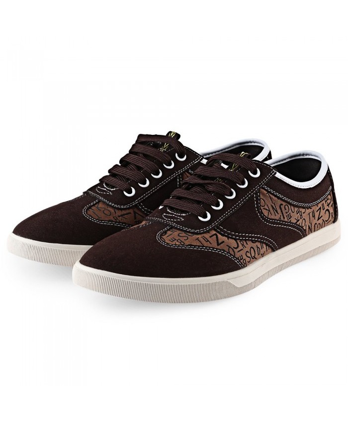 Letter Print Suede Lace-Up Casual Shoes Deep Brown Men