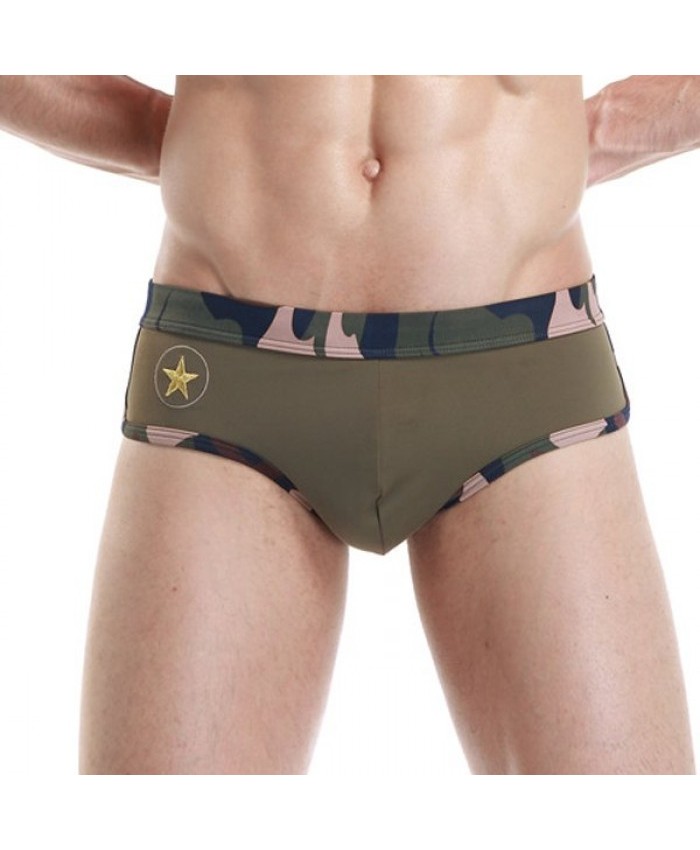 Vogue Low Waist Star Embroidered Camo Briefs Swimming Trunks Men Army Green M 