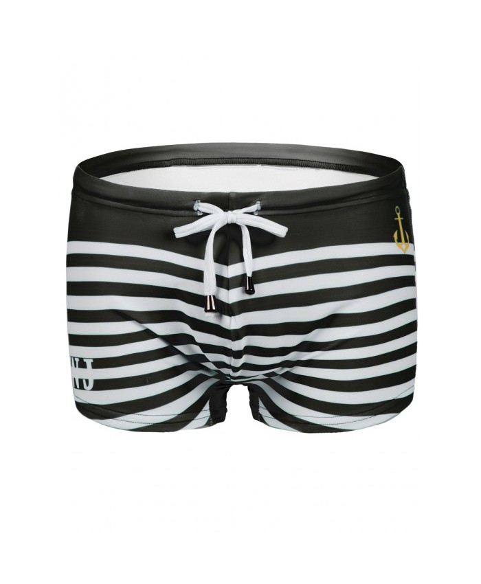 Stripe Letter And Anchor Print Lace-Up Design Men's Swimming Trunks Black S 