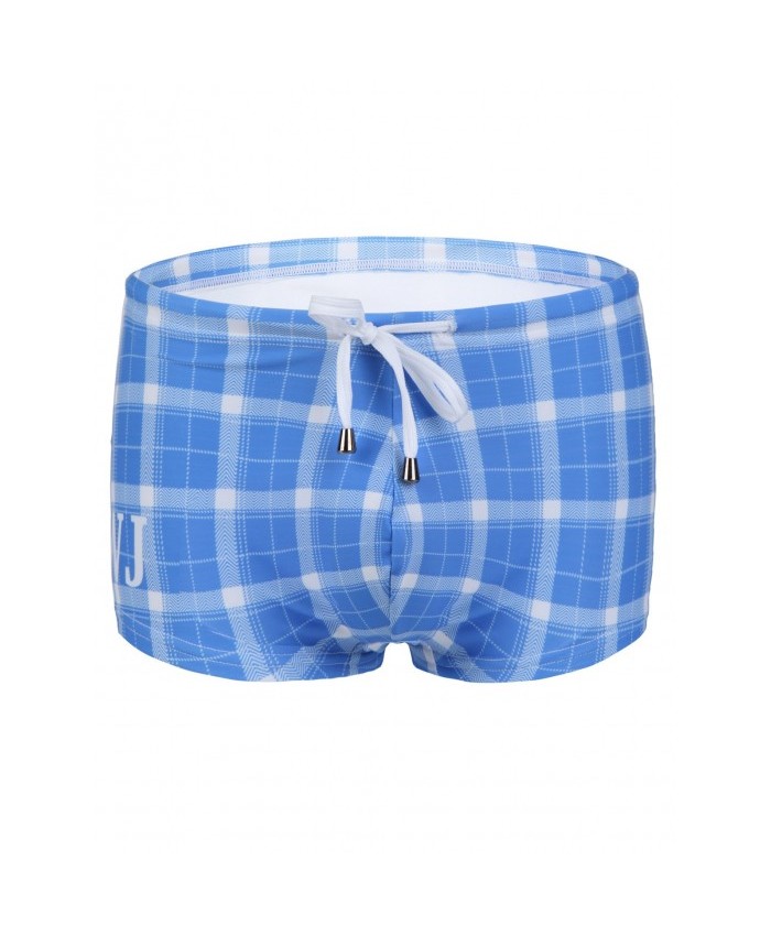 Slimming Plaid Printed Men's Lace Up Swimwear Blue Xl 