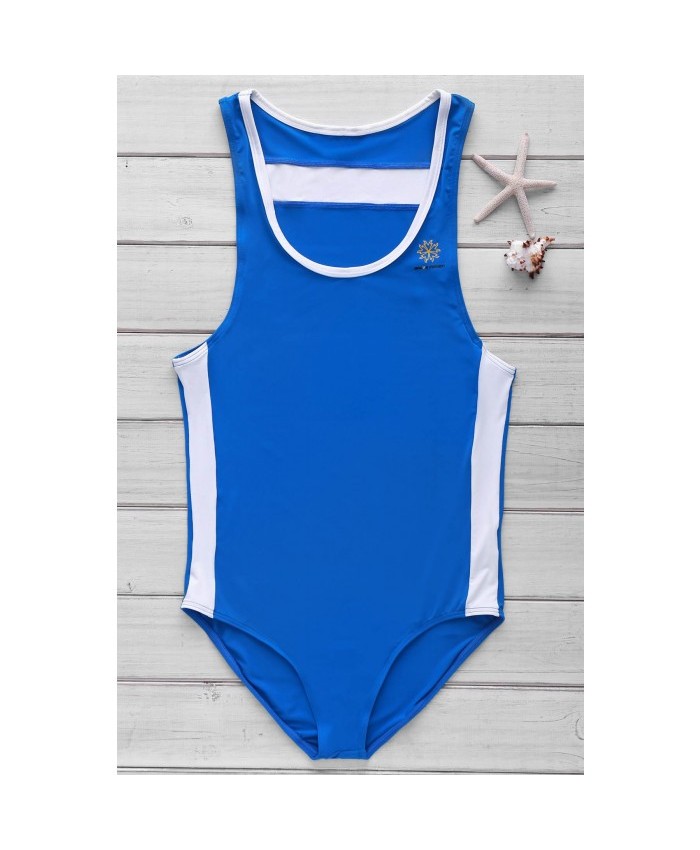 Color Block Letters Logo Pattern U Convex Pouch Design One-Piece Swimming Suit Men Blue S 