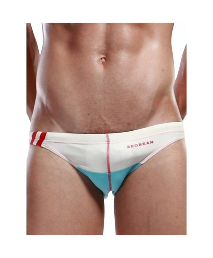 Elastic Waist Color Block Panel Suture Bikini Swimwear White L Men