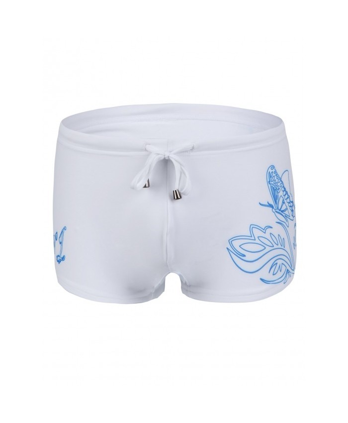 Slimming Flower Printed Men's Lace Up Swimwear White M 