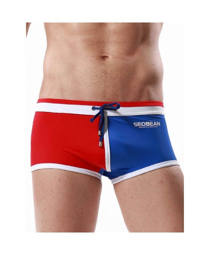 Color Block Panel Drawstring Pouch Swimming Trunks Red L Men
