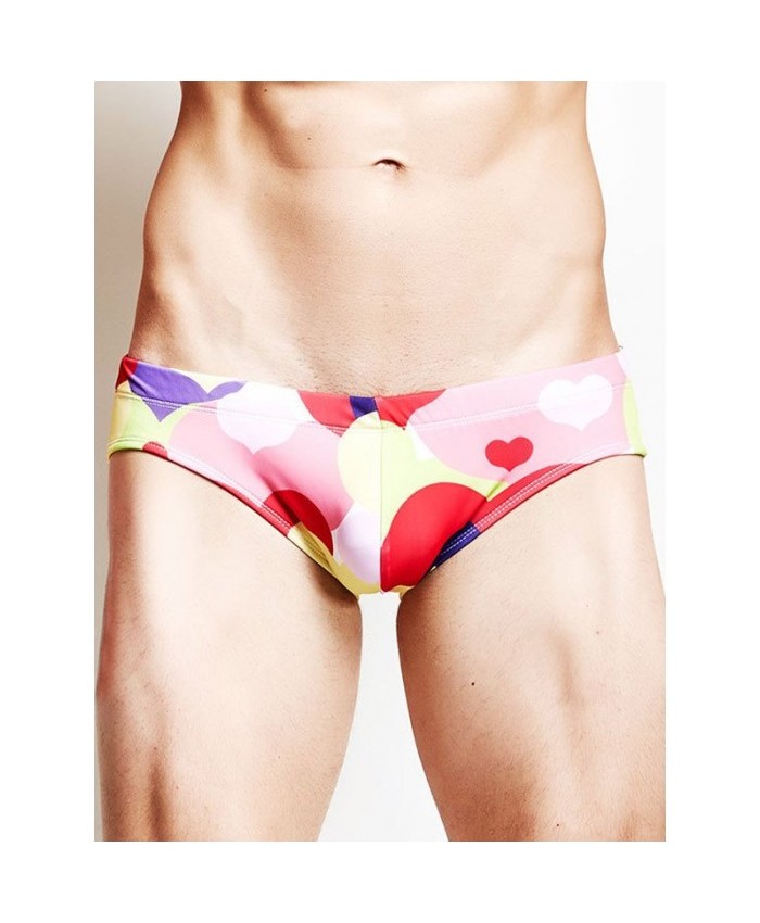 Heart Print Drawstring Swim Briefs Red L Men