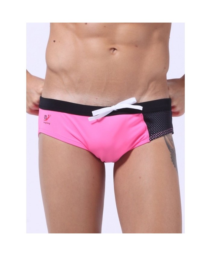 Lace Up Color Block Panel Bikini Swimwear Pink L Men