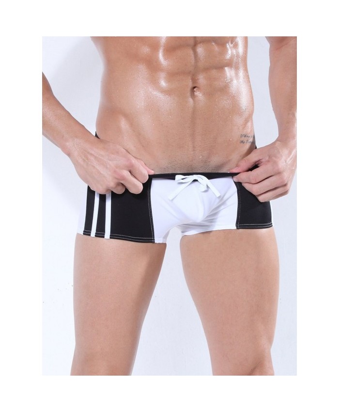 Drawstring Color Block Panel Swimming Trunks White S Men